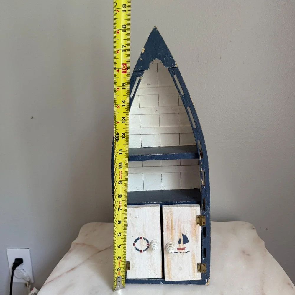 Nautical Wooden Boat Wall Shelf Blue White Distressed Coastal Decor 18.5 Inch